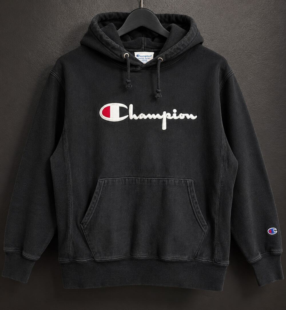 Champion Reverse Weave Hoodie Mens Large Black Script Logo Fleece Lined Winter